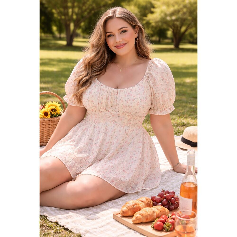 Arula Women Size 2X Pink Floral Puff Sleeve Mini Babydoll Romper Dress Cottage